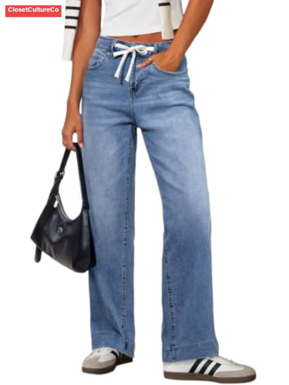 High Waisted Straight Leg Jeans Drawstring Denim Cotton Polyester